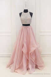Dazzling Halter Organza Pink Two Piece Long Prom Dress Graduation Sweet 16 Dress